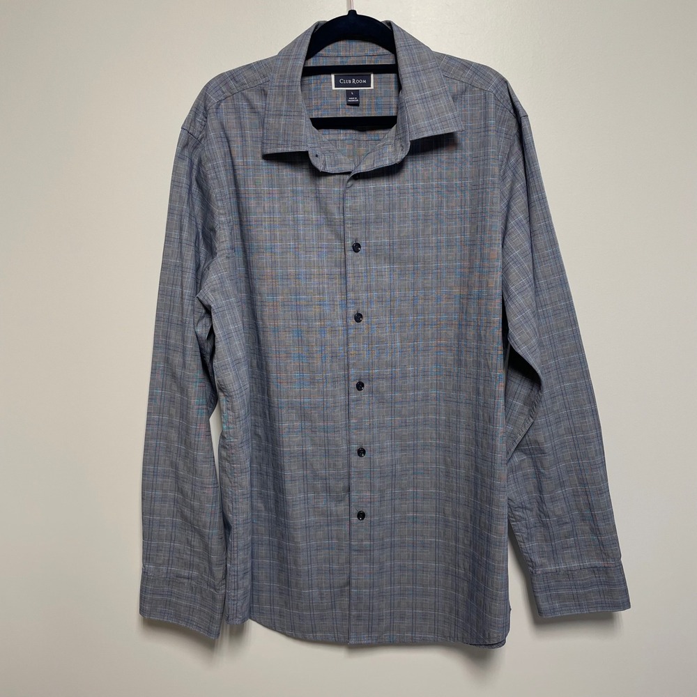 Club Room Mens L Long Sleeve Button Down Dress Shirt Blue Gray Plaid Cotton